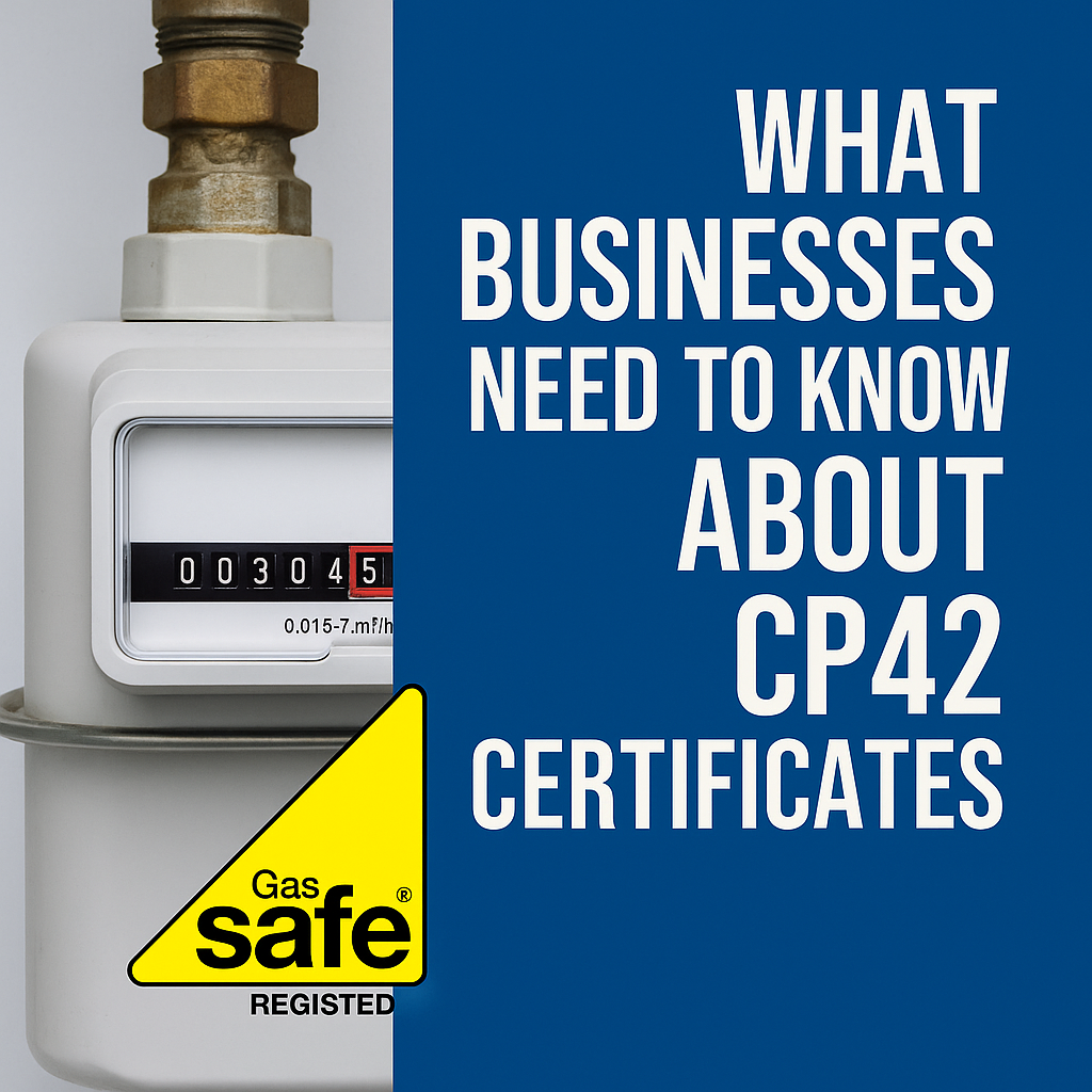 Digital graphic showing a commercial gas meter and the Gas Safe logo with text highlighting CP42 Gas Safety Certificates for business kitchens.